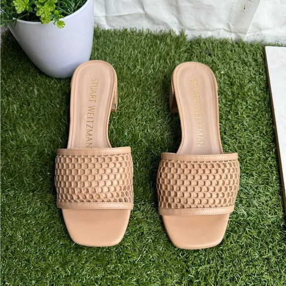 Stuart Weitzman (Ginger) Beige Mesh CAYMAN 35 Block Heel slide Sandals size 7
