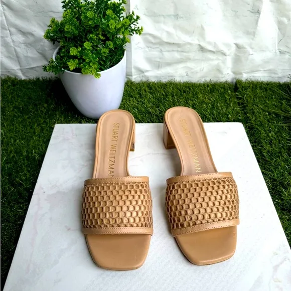 Stuart Weitzman (Ginger) Beige Mesh CAYMAN 35 Block Heel slide Sandals size 7