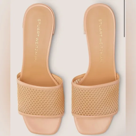 Stuart Weitzman (Ginger) Beige Mesh CAYMAN 35 Block Heel slide Sandals size 7