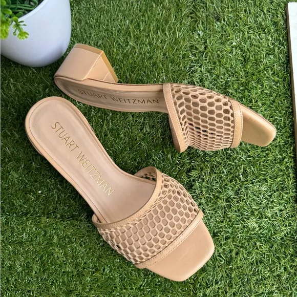Stuart Weitzman (Ginger) Beige Mesh CAYMAN 35 Block Heel slide Sandals size 7