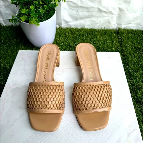 Stuart Weitzman (Ginger) Beige Mesh CAYMAN 35 Block Heel slide Sandals size 7