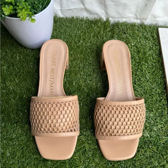 Stuart Weitzman (Ginger) Beige Mesh CAYMAN 35 Block Heel slide Sandals size 7