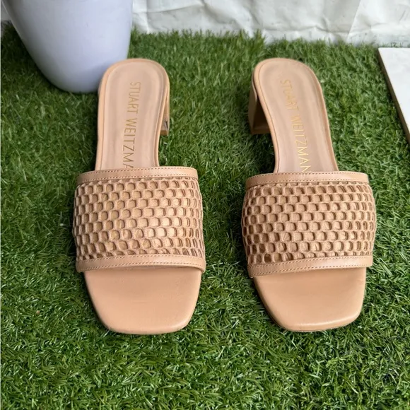 Stuart Weitzman (Ginger) Beige Mesh CAYMAN 35 Block Heel slide Sandals size 7
