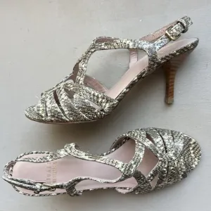 Stuart Weitzman Overture Cream &amp; Black  Snakeskin Print Strappy Sandal Women 6.5