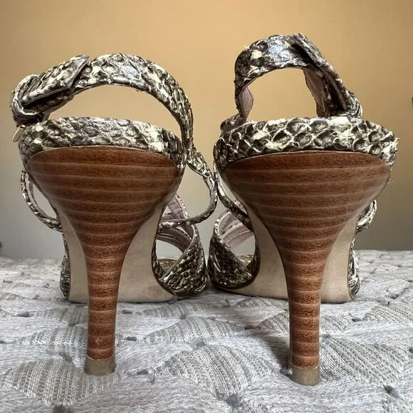 Stuart Weitzman Overture Cream &amp; Black  Snakeskin Print Strappy Sandal Women 6.5