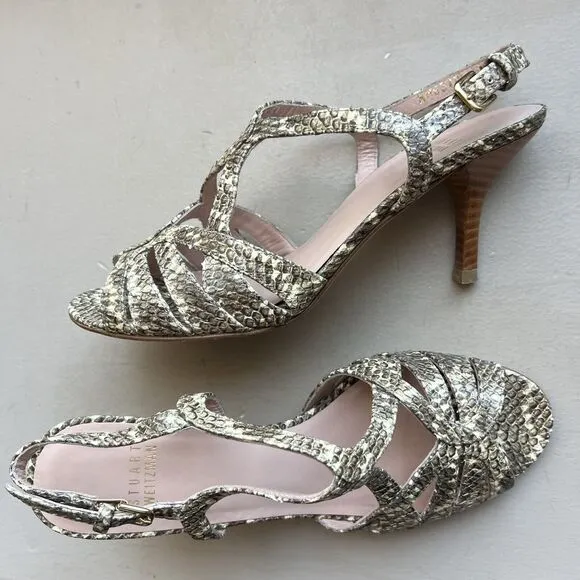 Stuart Weitzman Overture Cream &amp; Black  Snakeskin Print Strappy Sandal Women 6.5