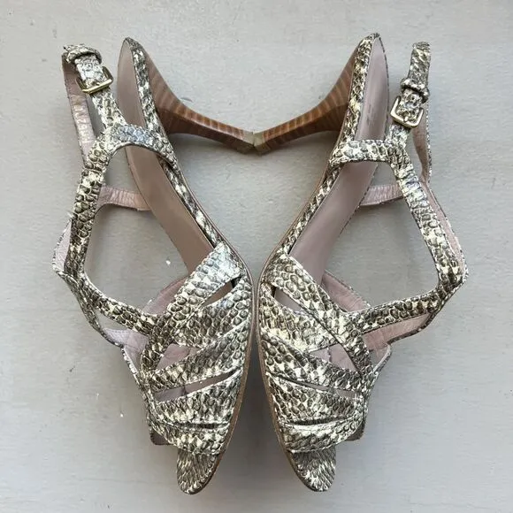 Stuart Weitzman Overture Cream &amp; Black  Snakeskin Print Strappy Sandal Women 6.5