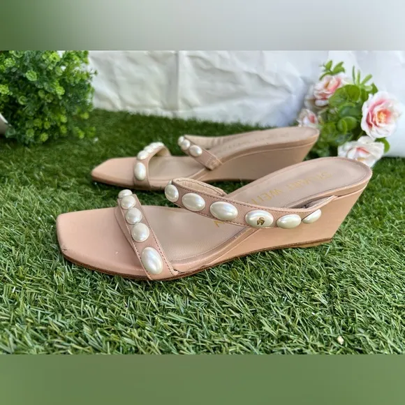 STUART WEITZMANPearlita 50 Embellished Wedge Sandals Adobe size 5.5 women
