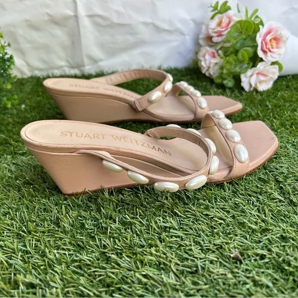STUART WEITZMANPearlita 50 Embellished Wedge Sandals Adobe size 5.5 women