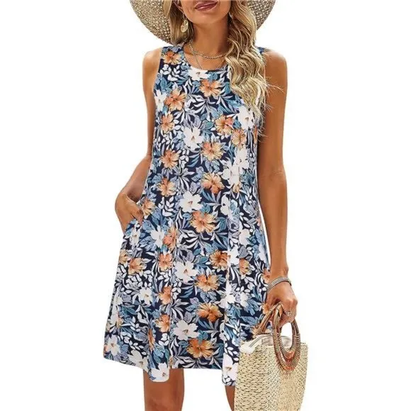 Summer Dresses for Women Beach Navy Floral
