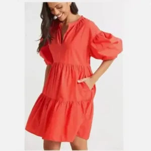 Sundry Evereve The Anywhere Dress Size L Coral 100% Cotton Tiered with Pockets