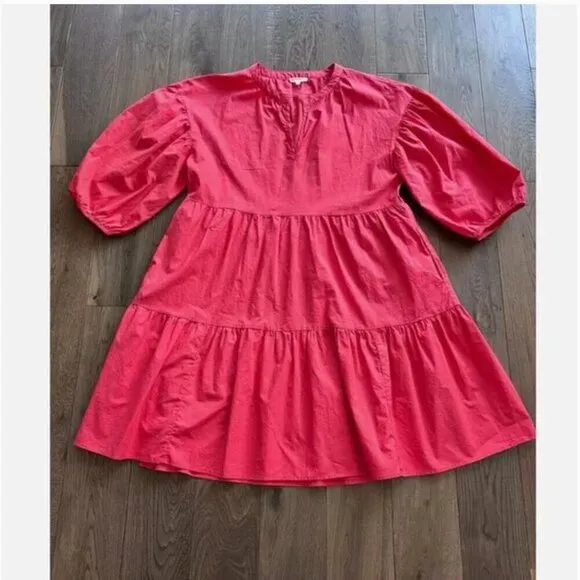 Sundry Evereve The Anywhere Dress Size L Coral 100% Cotton Tiered with Pockets