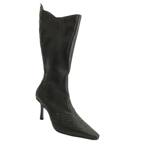 Suzanne Somers Boots Size 6.5W Leather Tall Floral Accents Wide Width