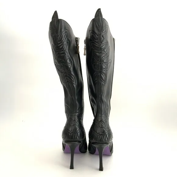 Suzanne Somers Boots Size 6.5W Leather Tall Floral Accents Wide Width