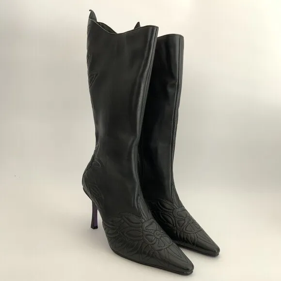 Suzanne Somers Boots Size 6.5W Leather Tall Floral Accents Wide Width