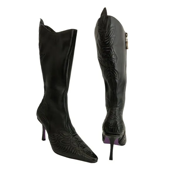 Suzanne Somers Boots Size 6.5W Leather Tall Floral Accents Wide Width