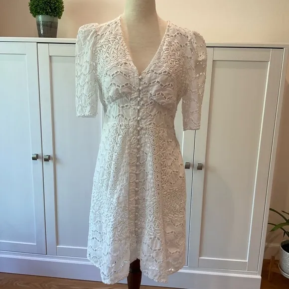 The Kooples Embroidered Lace Mini Dress Cotton in White Size 3