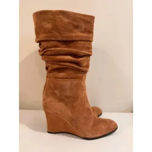 Theory Women's Suede Brown Leather Wedge Tall Boots Sz 39 US 8.5