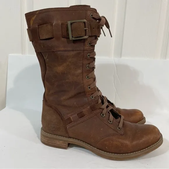 Timberland Savin Hill Brown Leather Equestrian Combat Lace Up Tall Boots Size 7