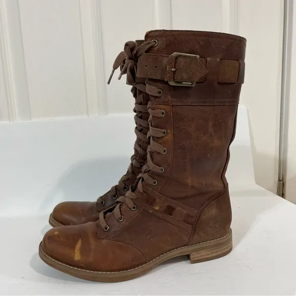 Timberland Savin Hill Brown Leather Equestrian Combat Lace Up Tall Boots Size 7