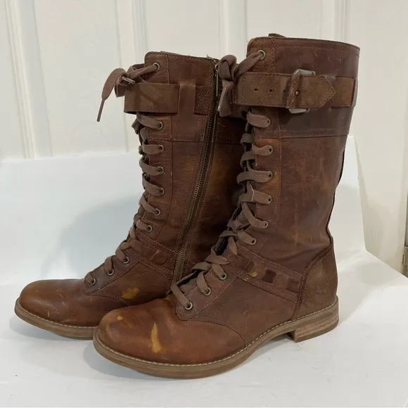 Timberland Savin Hill Brown Leather Equestrian Combat Lace Up Tall Boots Size 7