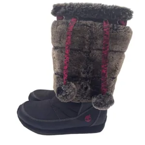Timberland Winterberry Faux Fur Leather Boots Tall Black Girls Youth 4.5