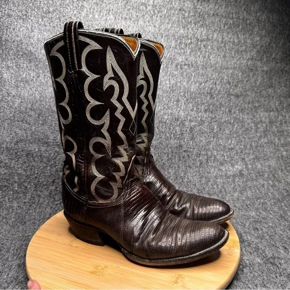 TONY LAMA TWO-TONE LEATHER AND LIZARD SKIN COWBOY BOOTS GOLD LABEL MENS 8.5