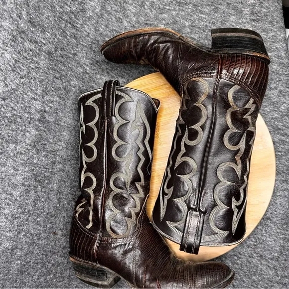 TONY LAMA TWO-TONE LEATHER AND LIZARD SKIN COWBOY BOOTS GOLD LABEL MENS 8.5