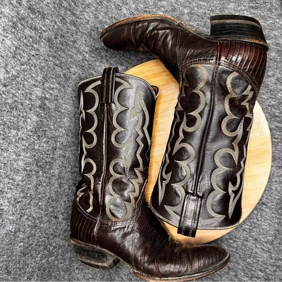 TONY LAMA TWO-TONE LEATHER AND LIZARD SKIN COWBOY BOOTS GOLD LABEL MENS 8.5