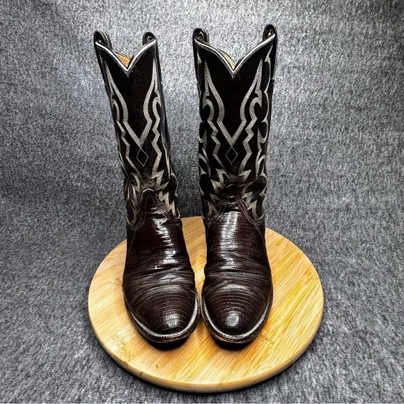 TONY LAMA TWO-TONE LEATHER AND LIZARD SKIN COWBOY BOOTS GOLD LABEL MENS 8.5