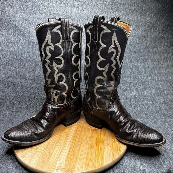 TONY LAMA TWO-TONE LEATHER AND LIZARD SKIN COWBOY BOOTS GOLD LABEL MENS 8.5