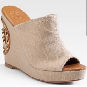 Tory Burch Beige Wedge Sandals with Tory Burch Beaded Detail on Heel Size 7.5
