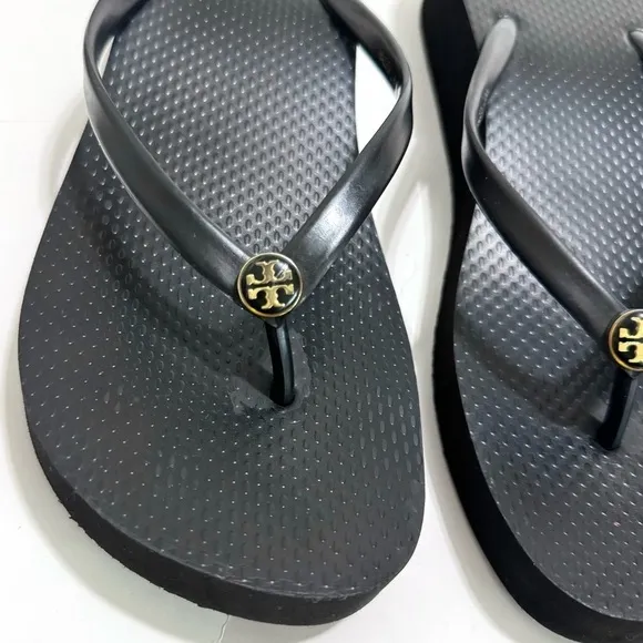 Tory Burch Black Cutout Wedge Flip Flop Platform Sandals Size 9.5