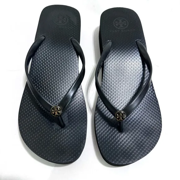 Tory Burch Black Cutout Wedge Flip Flop Platform Sandals Size 9.5