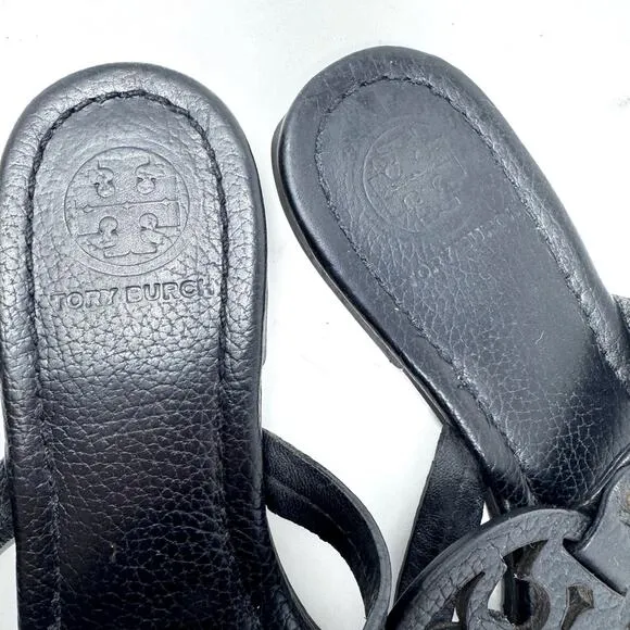 TORY BURCH Black Pebbled Leather Miller Sandals Slides Flip Flops Size 7