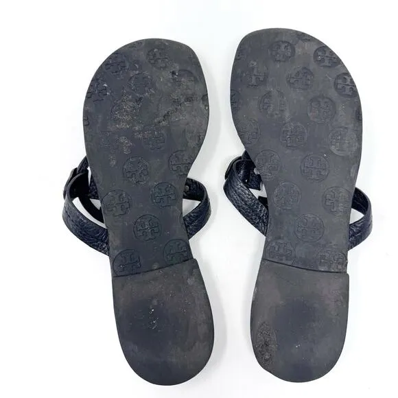 TORY BURCH Black Pebbled Leather Miller Sandals Slides Flip Flops Size 7