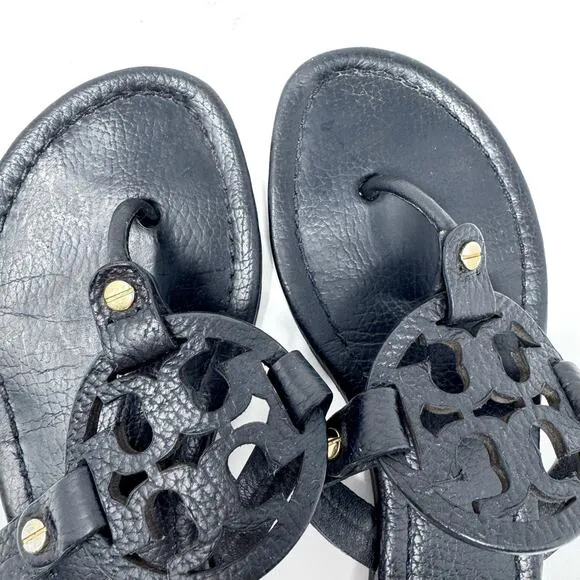 TORY BURCH Black Pebbled Leather Miller Sandals Slides Flip Flops Size 7