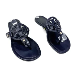 TORY BURCH Black Pebbled Leather Miller Sandals Slides Flip Flops Size 7