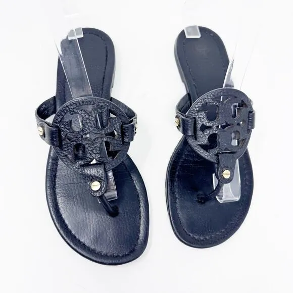 TORY BURCH Black Pebbled Leather Miller Sandals Slides Flip Flops Size 7