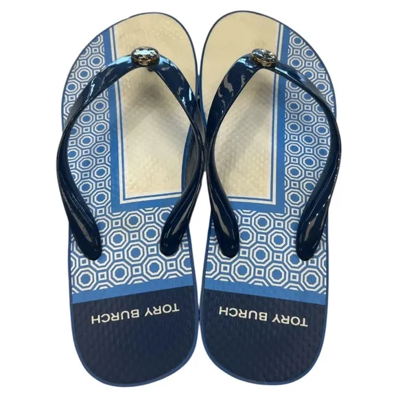 Tory Burch Designer Printed Carved Wedge Flip-flop in Blue Sandals Shoes Size 6