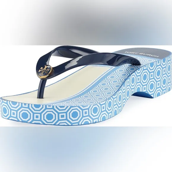 Tory Burch Designer Printed Carved Wedge Flip-flop in Blue Sandals Shoes Size 6