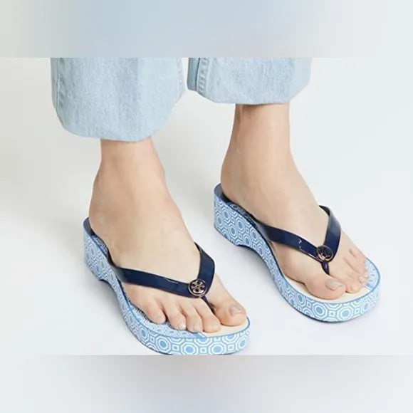 Tory Burch Designer Printed Carved Wedge Flip-flop in Blue Sandals Shoes Size 6