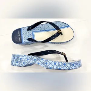 Tory Burch Designer Printed Carved Wedge Flip-flop in Blue Sandals Shoes Size 6