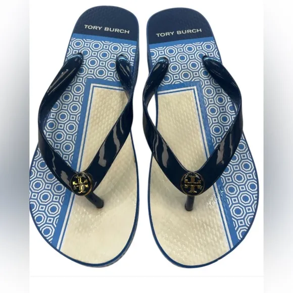 Tory Burch Designer Printed Carved Wedge Flip-flop in Blue Sandals Shoes Size 6