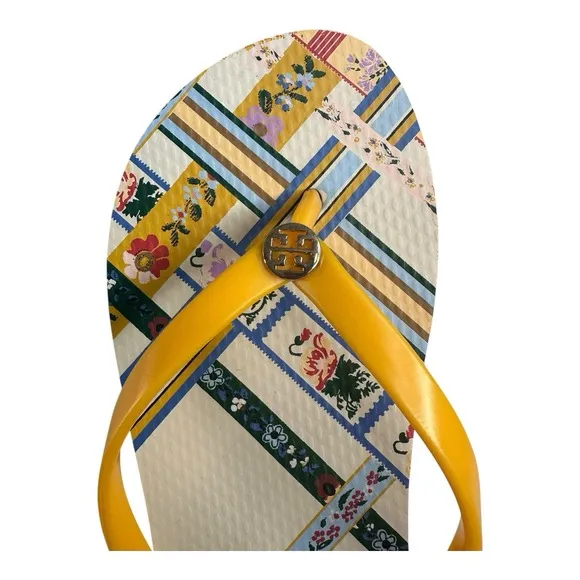TORY BURCH FLIP FLOP/THONG SANDALS SIZE 9M GOLD CREST/RIBBON WEAVE COLOR USED