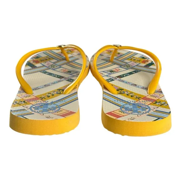TORY BURCH FLIP FLOP/THONG SANDALS SIZE 9M GOLD CREST/RIBBON WEAVE COLOR USED