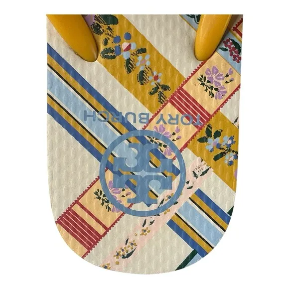 TORY BURCH FLIP FLOP/THONG SANDALS SIZE 9M GOLD CREST/RIBBON WEAVE COLOR USED