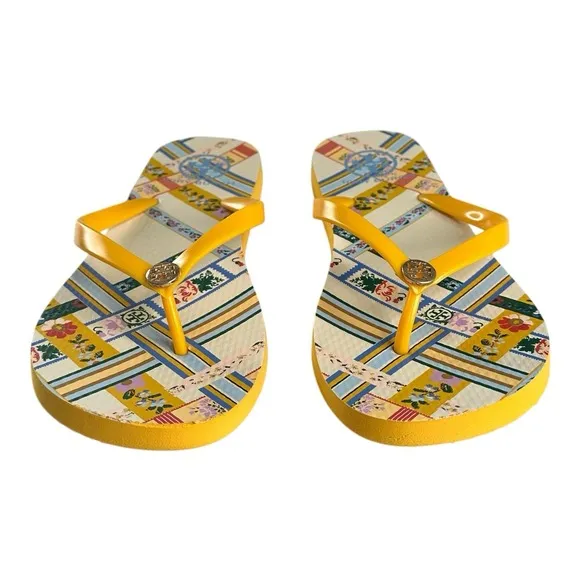 TORY BURCH FLIP FLOP/THONG SANDALS SIZE 9M GOLD CREST/RIBBON WEAVE COLOR USED