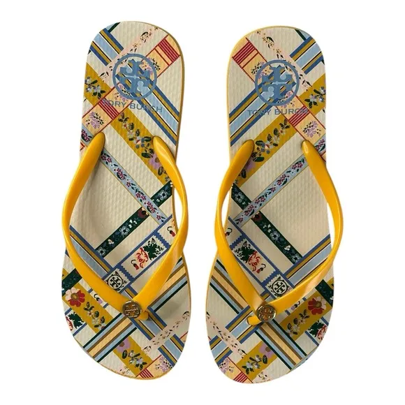 TORY BURCH FLIP FLOP/THONG SANDALS SIZE 9M GOLD CREST/RIBBON WEAVE COLOR USED