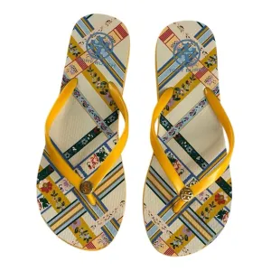 TORY BURCH FLIP FLOP/THONG SANDALS SIZE 9M GOLD CREST/RIBBON WEAVE COLOR USED